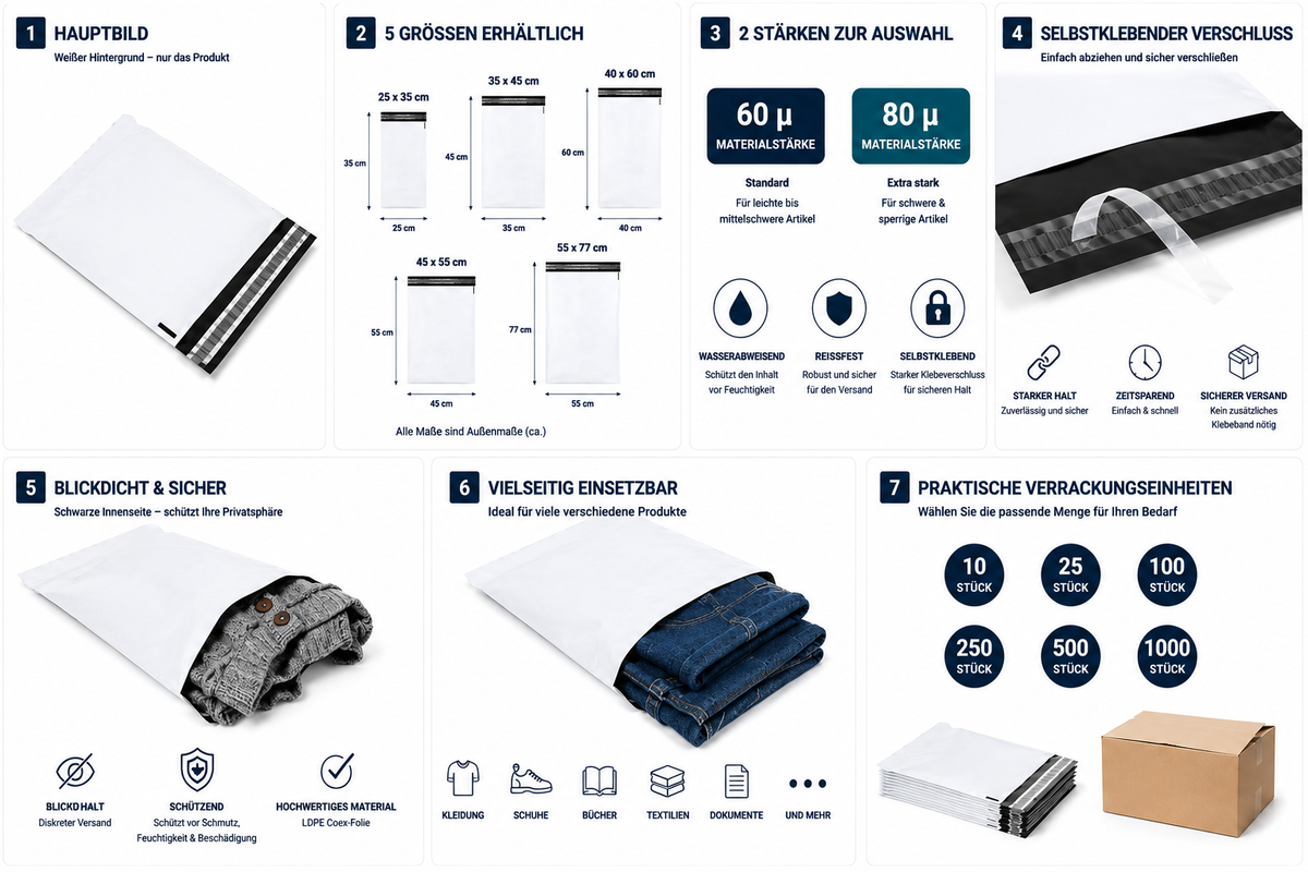 E3-PACK Versandtaschen 350 x 450 + 50 mm – Weiße LDPE Coex Folie 60 µm – Selbstklebend, Blickdicht & Reißfest